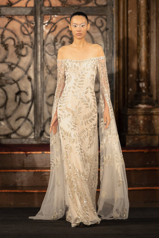 ILLUSION NECKLINE FIT AND FLARE GOWN W/ CASCADING SLEEVES