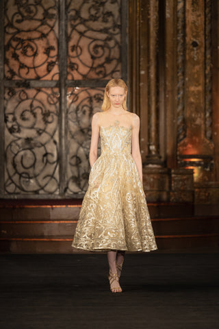 EMBROIDERED ILLUSION NECKLINE TEA-LENGTH DRESS
