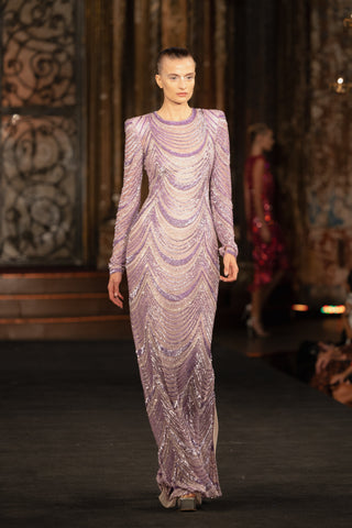 BEADED JEWEL NECK COLUMN GOWN