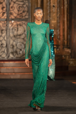 CRYSTAL MESH JEWEL NECK LONG SLEEVE GOWN