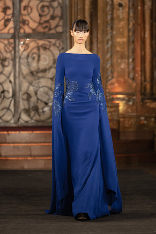 CREPE BOAT NECK CASCADING SLEEVE GOWN