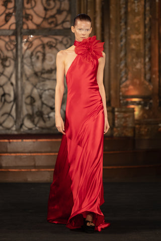 DRAPED HALTER SCARF GOWN WITH FLOWER DETAIL
