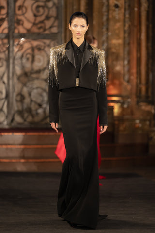 CREPE FIT-AND-FLARE SKIRT WITH BEADED BELT