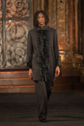 ABSTRACT BEADED MANDARIN COLLAR COAT