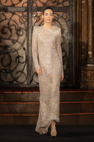 BEADED JEWEL NECK LONG SLEEVE COLLUMN GOWN