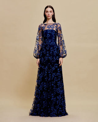 BOAT NECK FULL SKIRT GOWN WITH BLOUSON SLEEVES