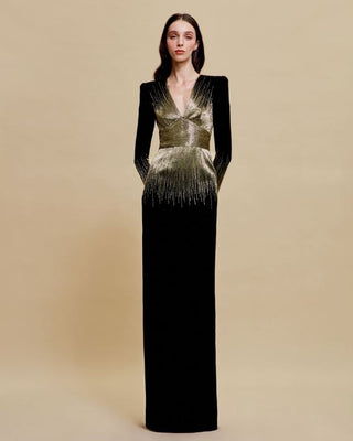 EMBELLISHED BODICE COLUMN GOWN