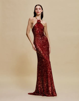 STRETCH SEQUIN HALTER FIT-AND-FLARE GOWN WITH BEADED TRIM