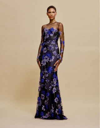 BOAT NECK FIT-AND-FLARE GOWN WITH LONG SLEEVES