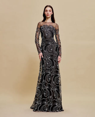 JEWEL NECK A-LINE GOWN WITH LONG SLEEVES