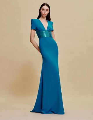 V-NECK FIT-AND-FLARE GOWN WITH BEADED BELT