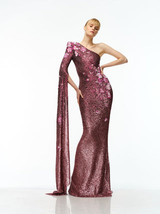 STRETCH SEQUIN ONE SHOULDER CASCADING SLEEVE GOWN