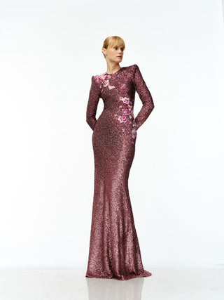 STRETCH SEQUIN LONG SLEEVE GOWN
