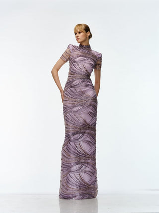 BEADED MOCK NECK CAP SLEEVE COLUMN GOWN