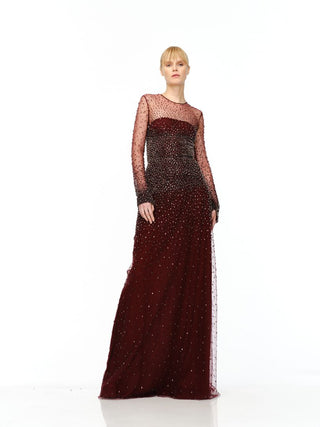 OMBRE BEADED JEWEL NECK LONG SLEEVE GOWN