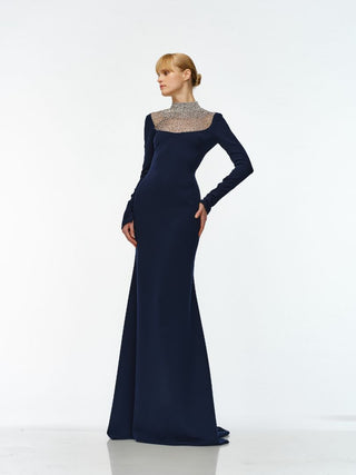 OMBRE BEADED NECKLINE LONG SLEEVE GOWN