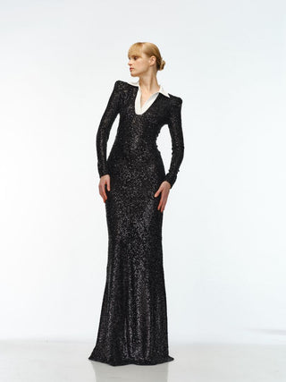 STRETCH SEQUIN LONG SLEEVE COLLARED GOWN