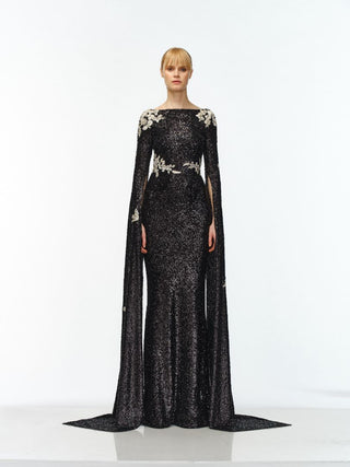 STRETCH SEQUIN CASCADING SLEEVE FLORAL APPLIQUE GOWN