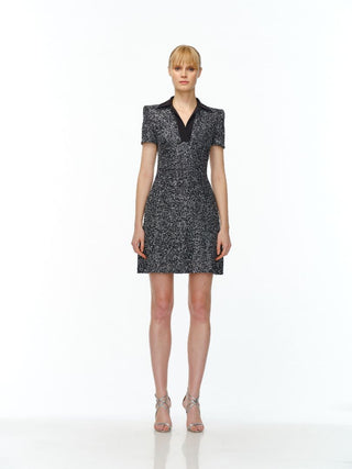 STRETCH SEQUIN CAP SLEEVE COLLARED DRESS