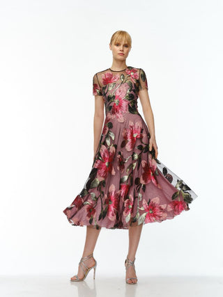 JEWEL NECK CAP SLEEVE TEA-LENGTH DRESS