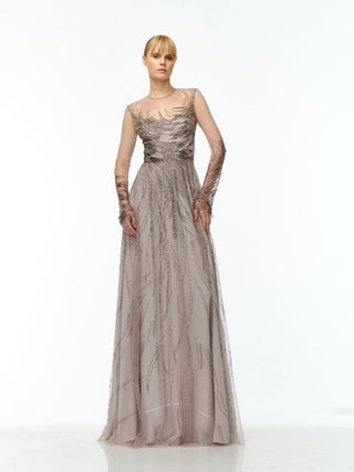 ABSTRACT BEADED LONG SLEEVE GOWN