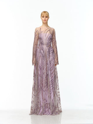 BEADED BOATNECK LONG SLEEVE GOWN