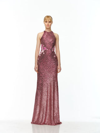 STRETCH SEQUIN HALTER GOWN