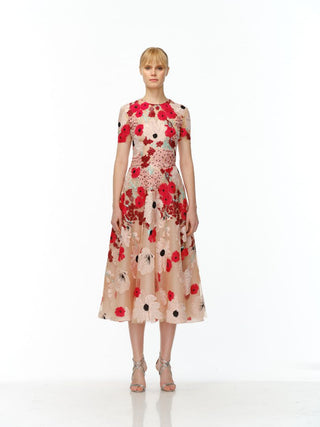 JEWEL NECK CAP SLEEVE TEA-LENGTH DRESS