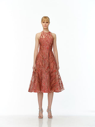 METALLIC RAFFIA HALTER TEA LENGTH DRESS