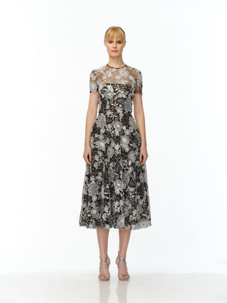 LACE CAP SLEEVE TEA-LENGTH DRESS