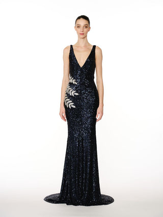 STRETCH SEQUIN V-NECK GOWN WITH EMBELLISHED LEAF DETAIL