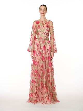 FLORAL BOATNECK BLOUSON SLEEVE GOWN