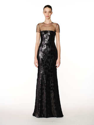 LEOPARD STRETCH SEQUIN ILLUSION NECKLINE FIT-AND-FLARE GOWN