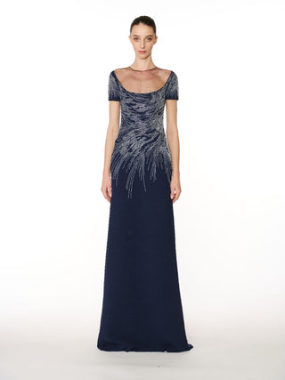 ABSTRACT BEADED CREPE FIT-AND-FLARE GOWN