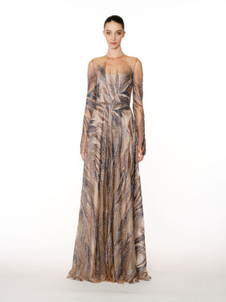 ABSTRACT BEADED LONG SLEEVE GOWN