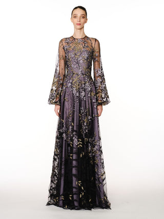 FLORAL JEWEL NECK BLOUSON SLEEVE GOWN