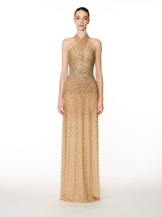 OMBRE BEADED CRISS-CROSS NECK FIT AND FLARE GOWN