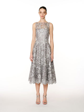 FLORAL LACE BOATNECK TEA-LENGTH DRESS