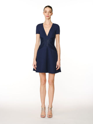 CREPE V-NECK DRESS WITH BEADED WAIST