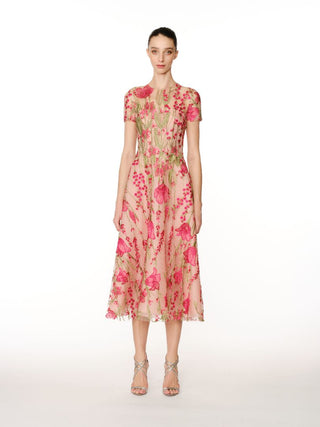 FLORAL TEA-LENGTH CAP SLEEVE DRESS