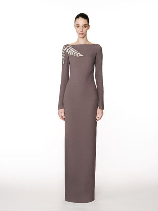 BOAT NECK LONG SLEEVE GOWN WITH LEAF APPLIQUE