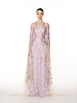 FLORAL FIT AND FLARE GOWN WITH CASCADING SLEEVES