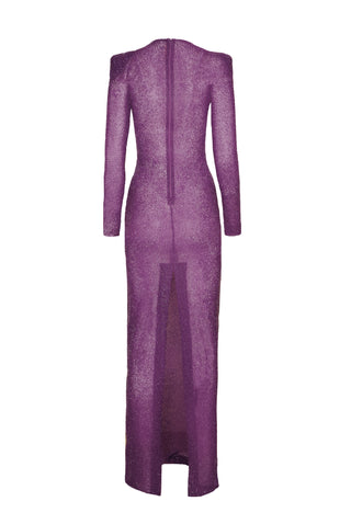 BEADED JEWEL NECK COLUMN GOWN WITH LONG SLEEVES