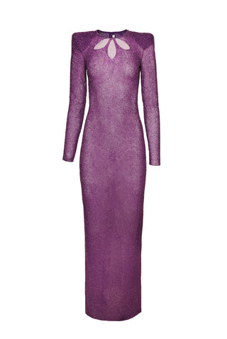 BEADED JEWEL NECK COLUMN GOWN WITH LONG SLEEVES