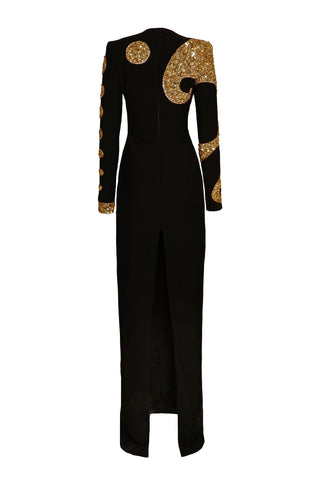 BEADED JEWEL NECK COLUMN GOWN WITH LONG SLEEVES