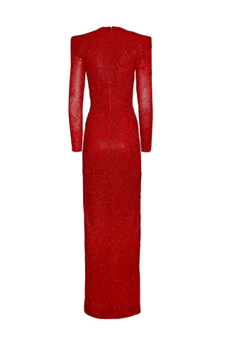 BEADED V-NECK EMPIRE WAIST GOWN WITH LONG SLEEVES AND CENTER SLIT
