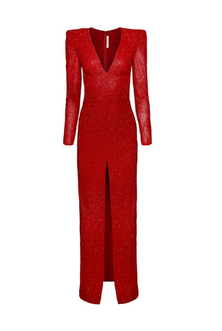 BEADED V-NECK EMPIRE WAIST GOWN WITH LONG SLEEVES AND CENTER SLIT