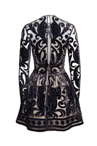 VELVET EMBROIDERED JEWEL NECK DRESS WITH LONG SLEEVES