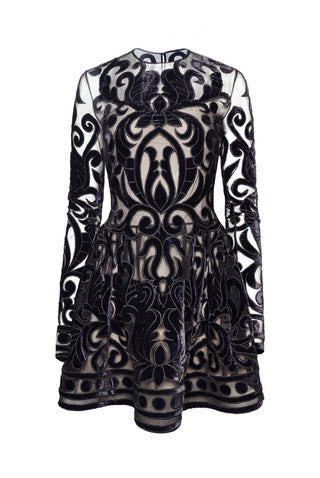 VELVET EMBROIDERED JEWEL NECK DRESS WITH LONG SLEEVES