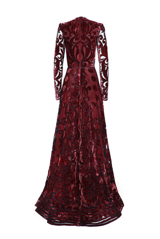 VELVET EMBROIDERED FULL SKIRT GOWN WITH LONG SLEEVES